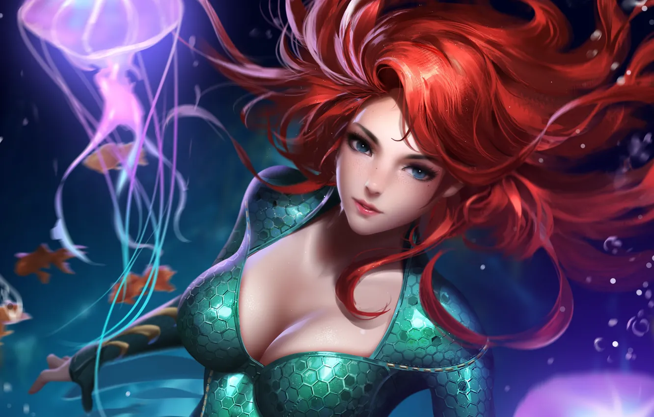 Фото обои girl, sexy, cleavage, red hair, long hair, underwater, boobs, anime