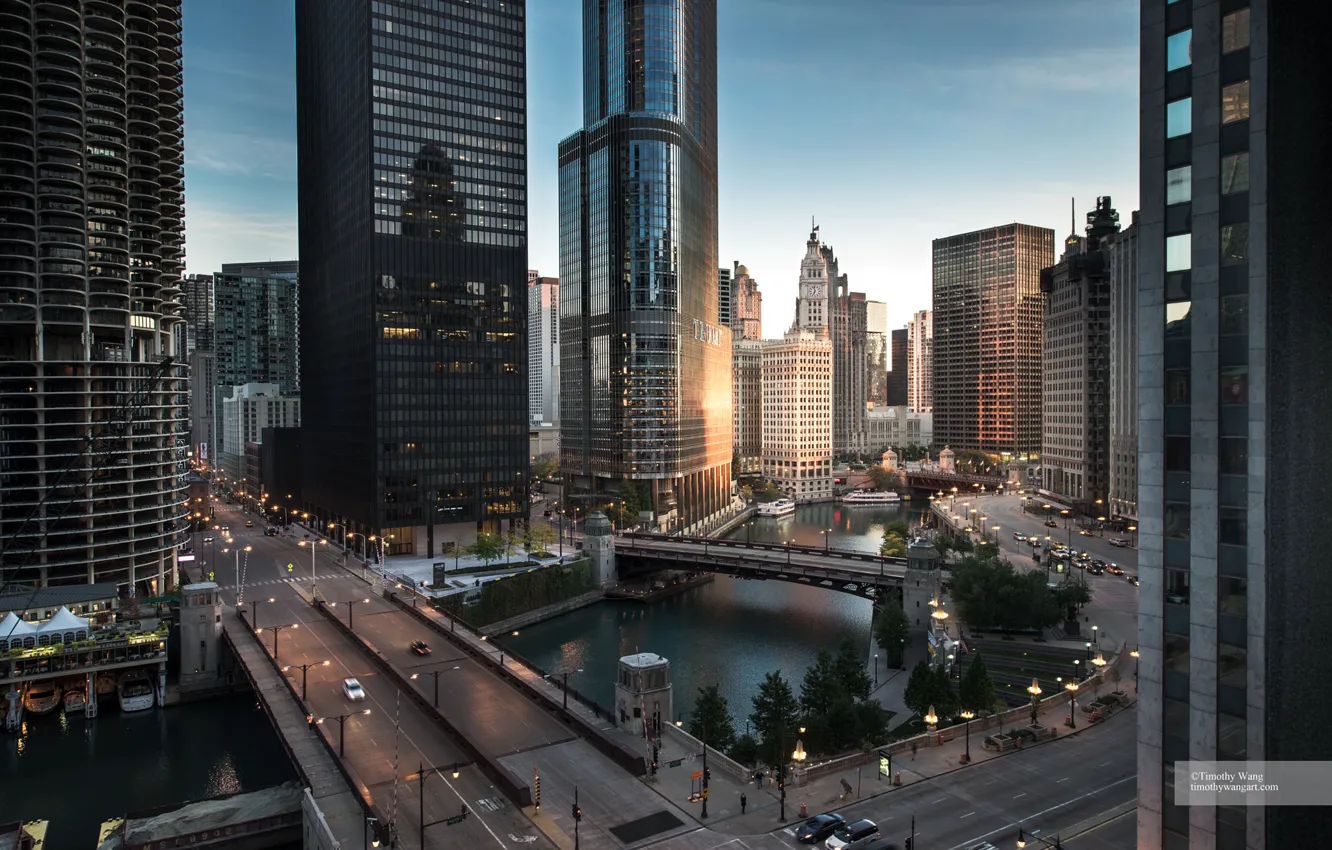 Фото обои Вечер, Улица, Чикаго, Движение, Небоскребы, USA, Chicago, skyline
