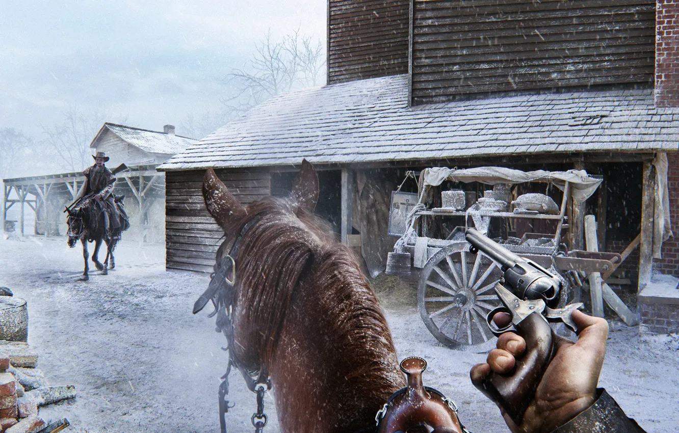 Фото обои зима, город, лошадь, револьвер, Encounter