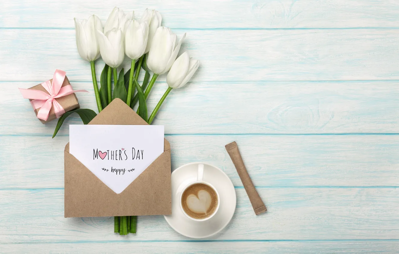 Фото обои подарок, букет, тюльпаны, конверт, поздравление, День матери