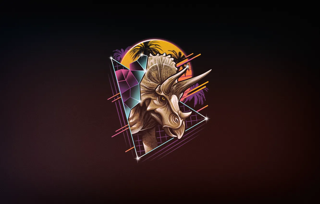 Фото обои Минимализм, Рисунок, Динозавр, Арт, 80s, Neon, Triceratops, 80's