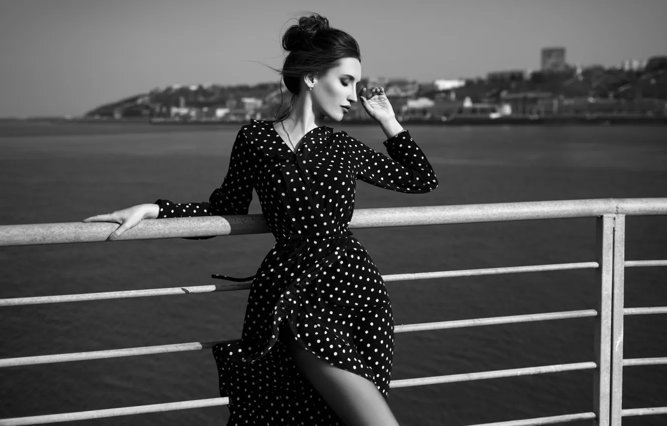 Фото обои девушка, мост, поза, река, ветер, модель, фигура, платье