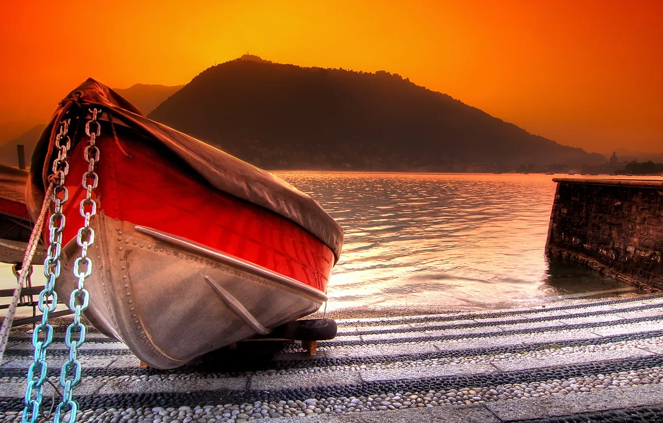 Фото обои пейзаж, закат, лодки