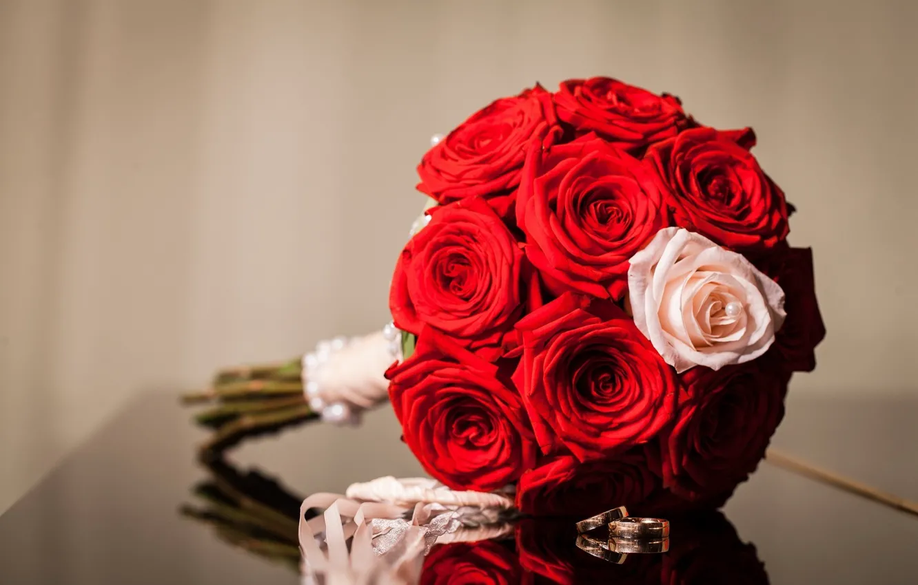 Фото обои цветы, розы, букет, кольца, красные