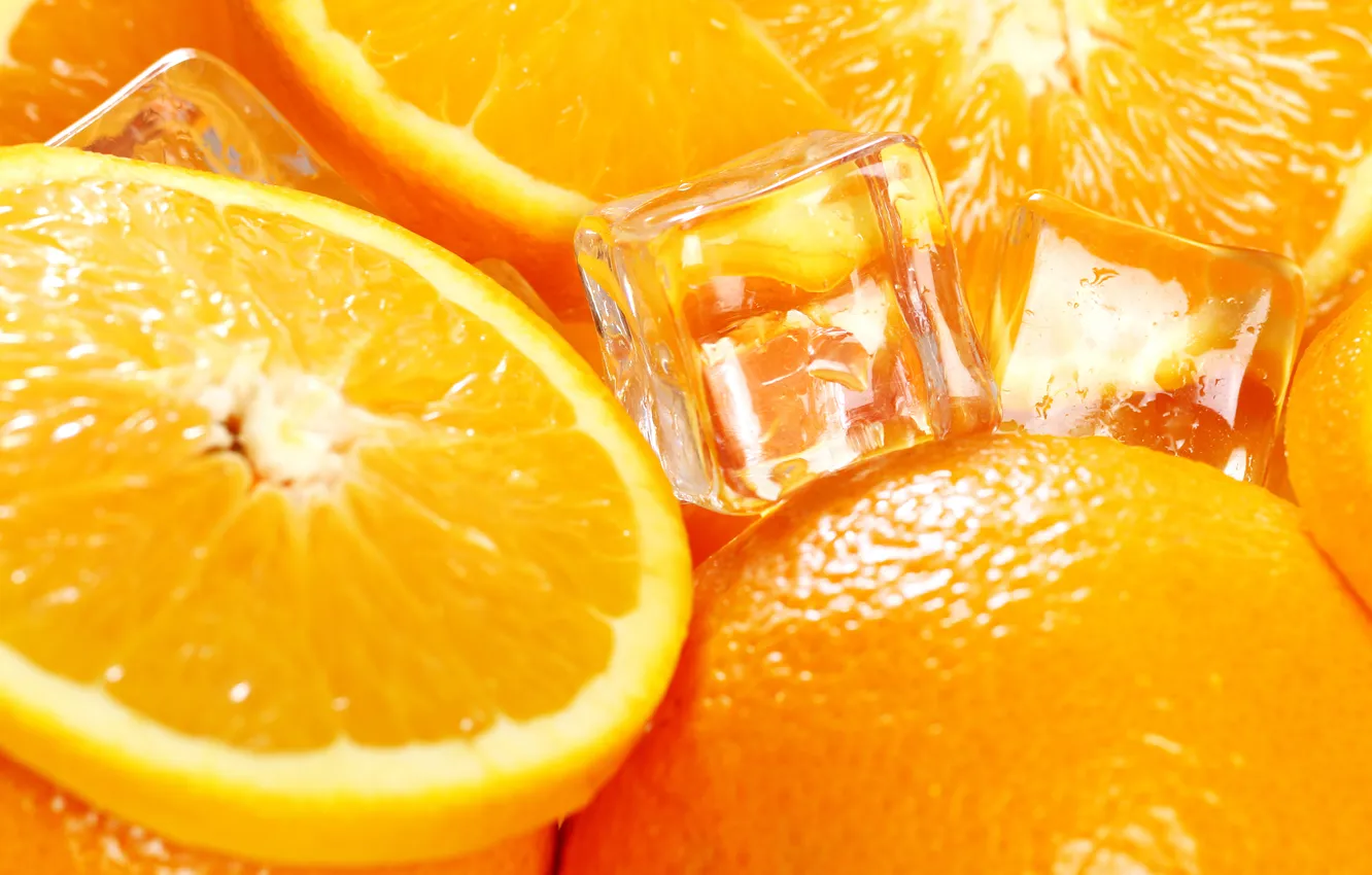 Фото обои лед, макро, апельсин, фрукты, дольки, композиция, кубики льда