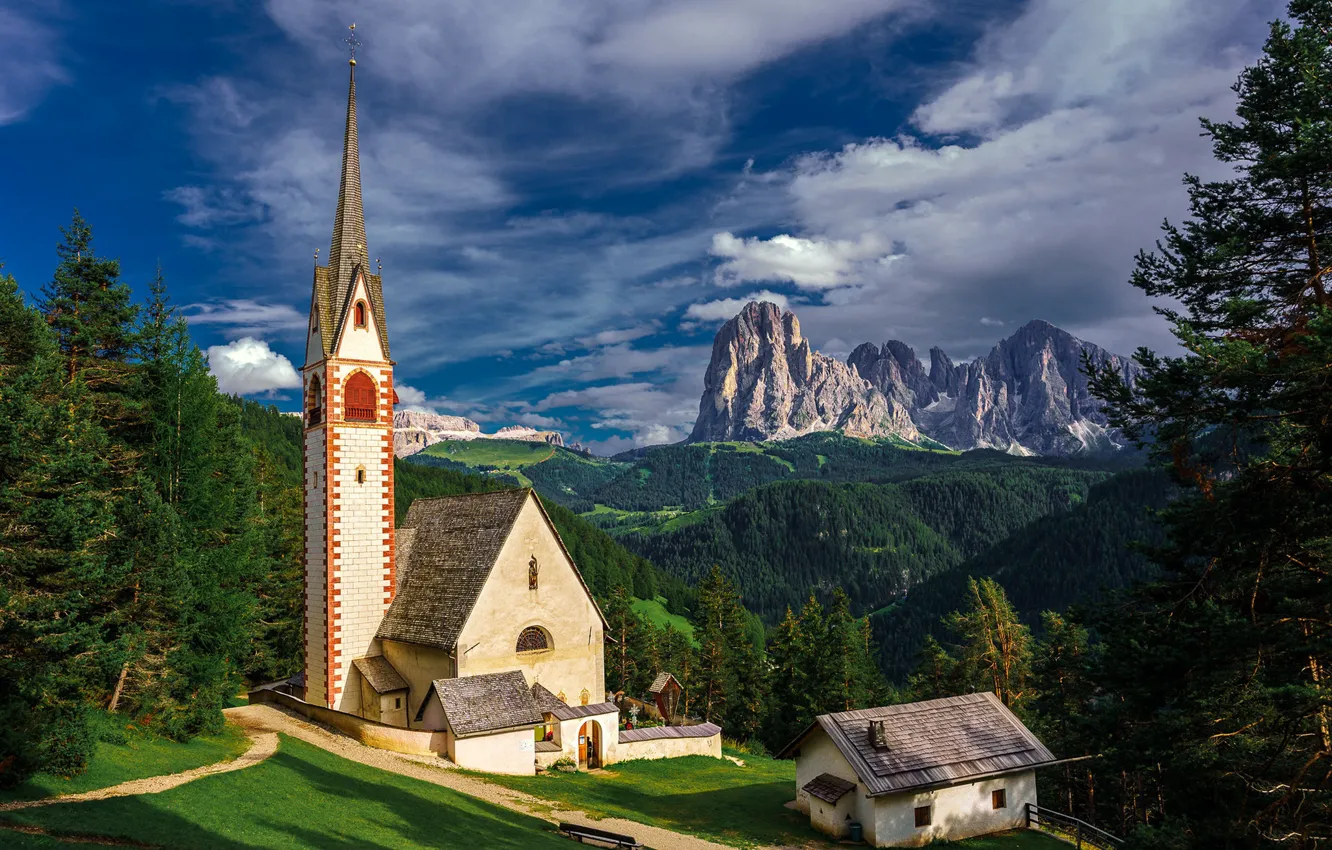 Фото обои горы, Альпы, Италия, церковь, Ortisei