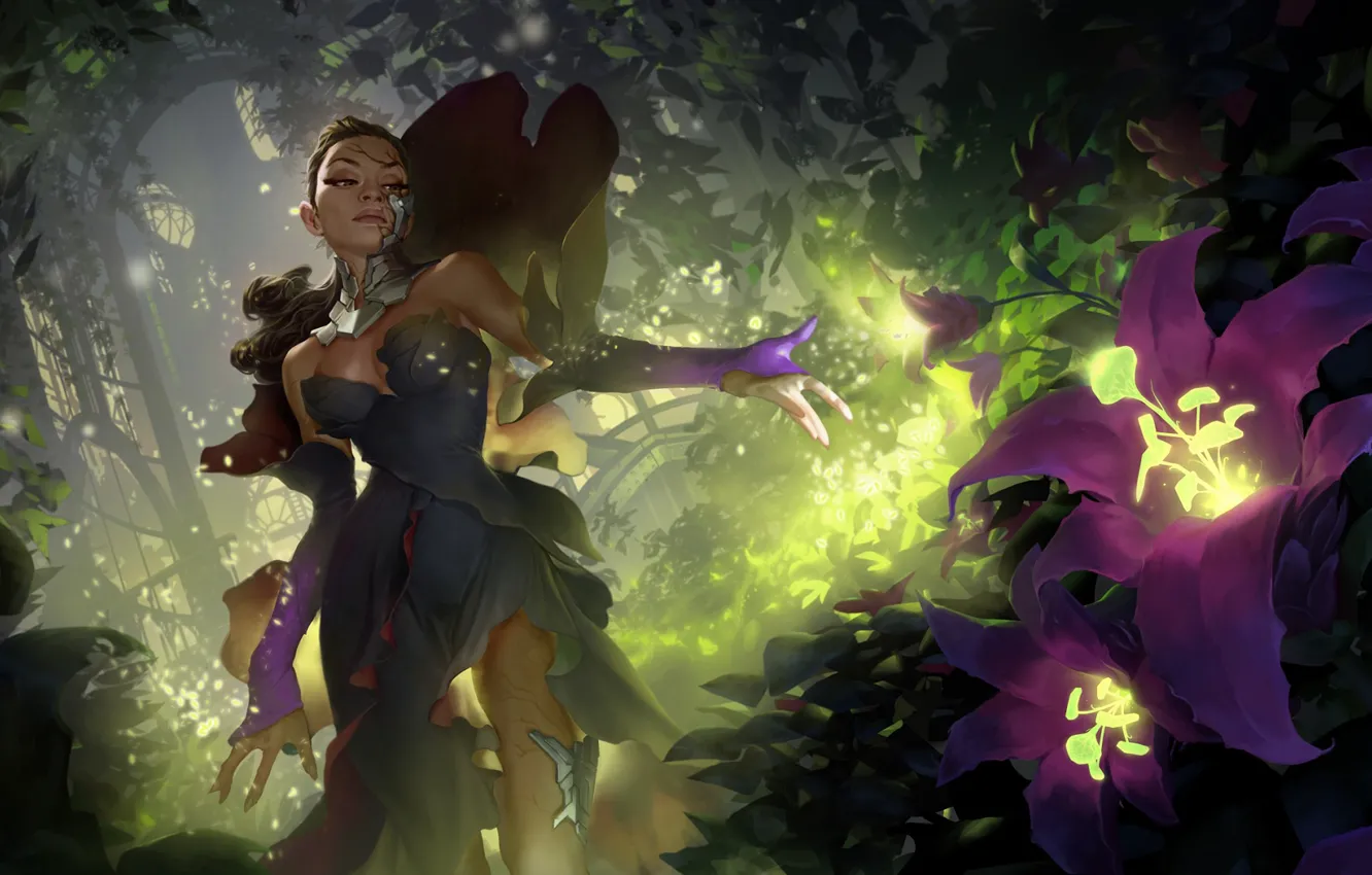 Фото обои лес, девушка, цветы, киборг, Legends of Runeterra