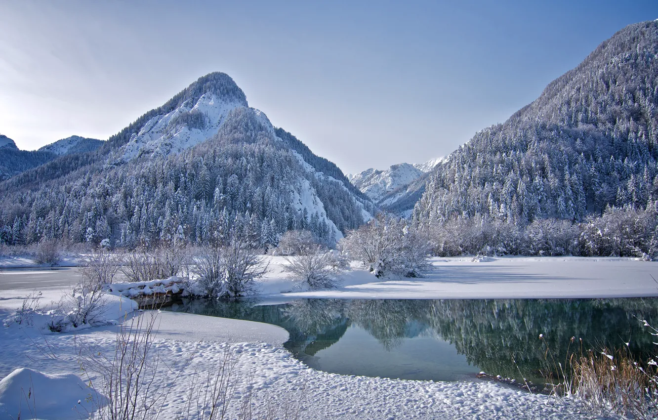 Фото обои лед, зима, лес, небо, снег, деревья, горы, озеро