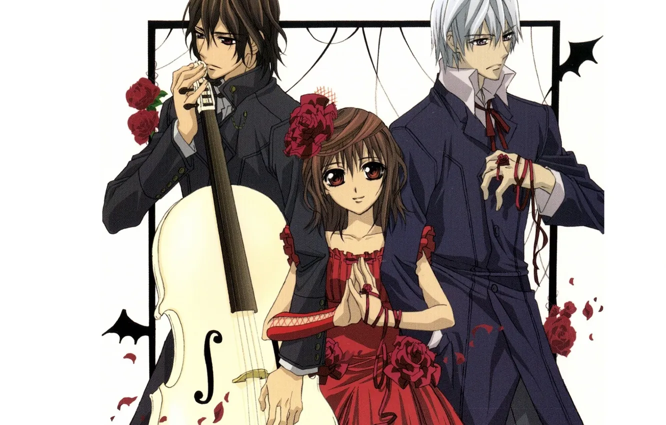 Фото обои виолончель, красное платье, art, kuran kaname, vampire knight, yuuki cross, рыцарь-вампир, цветок в волосах