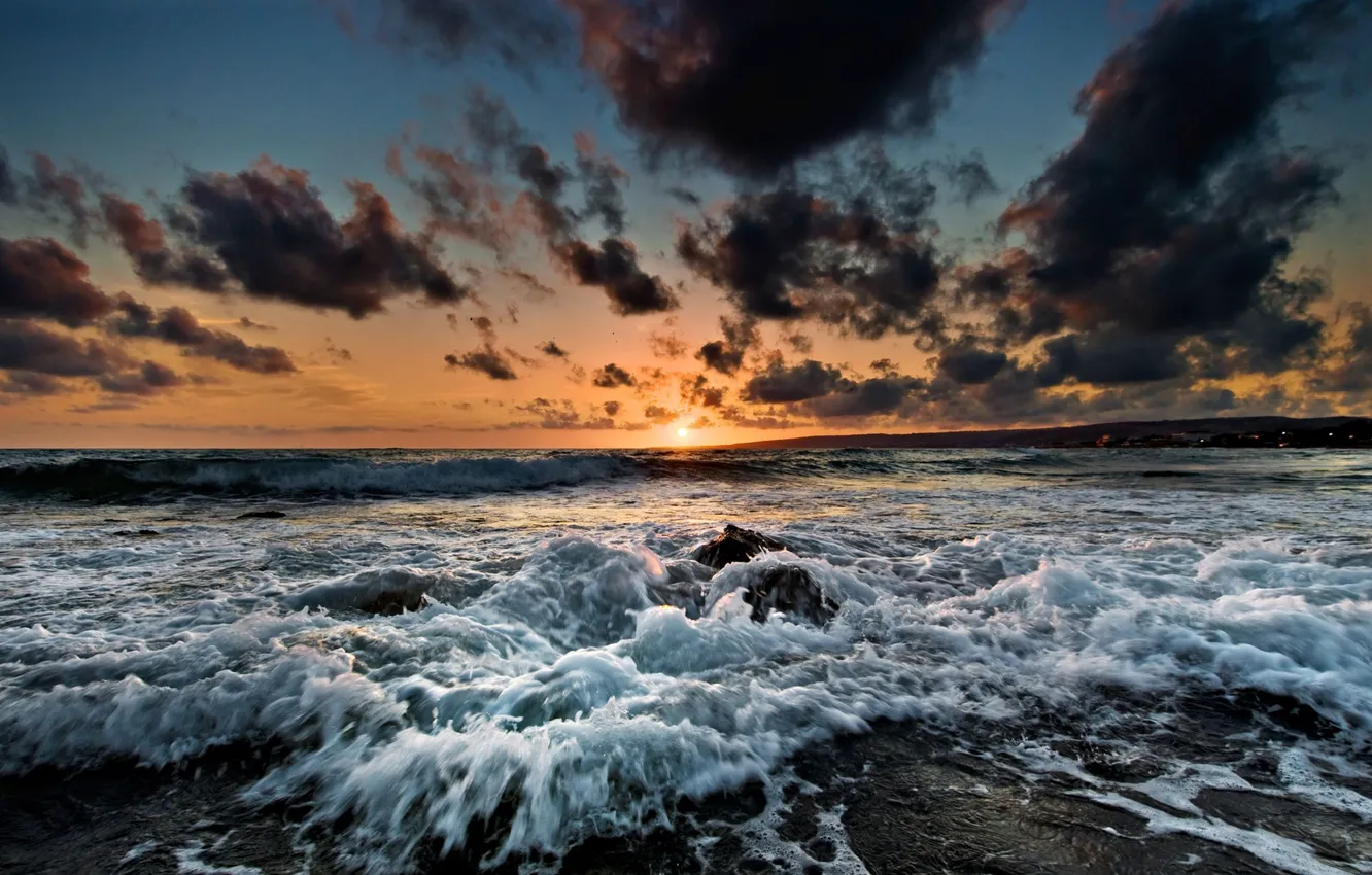 Фото обои море, волны, закат, берег