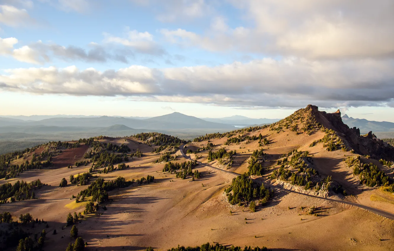 Фото обои дорога, горы, природа, пустыня, Oregon, Crater Lake