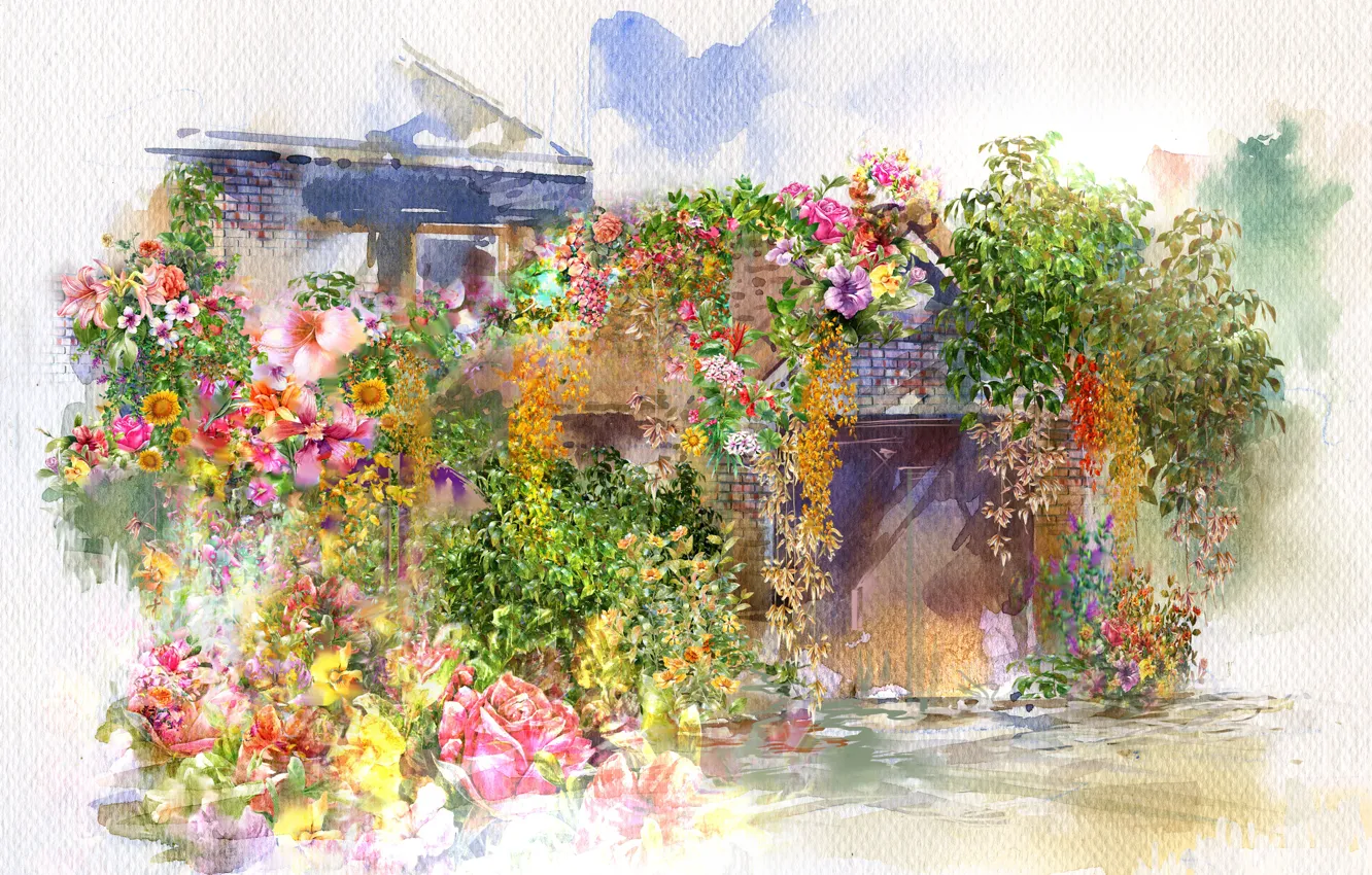 Фото обои цветы, дом, акварель, живопись