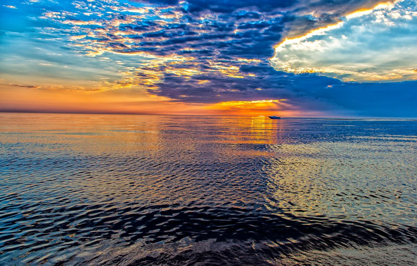 Фото обои закат, озеро, рябь, катер, озеро Мичиган, Lake Michigan