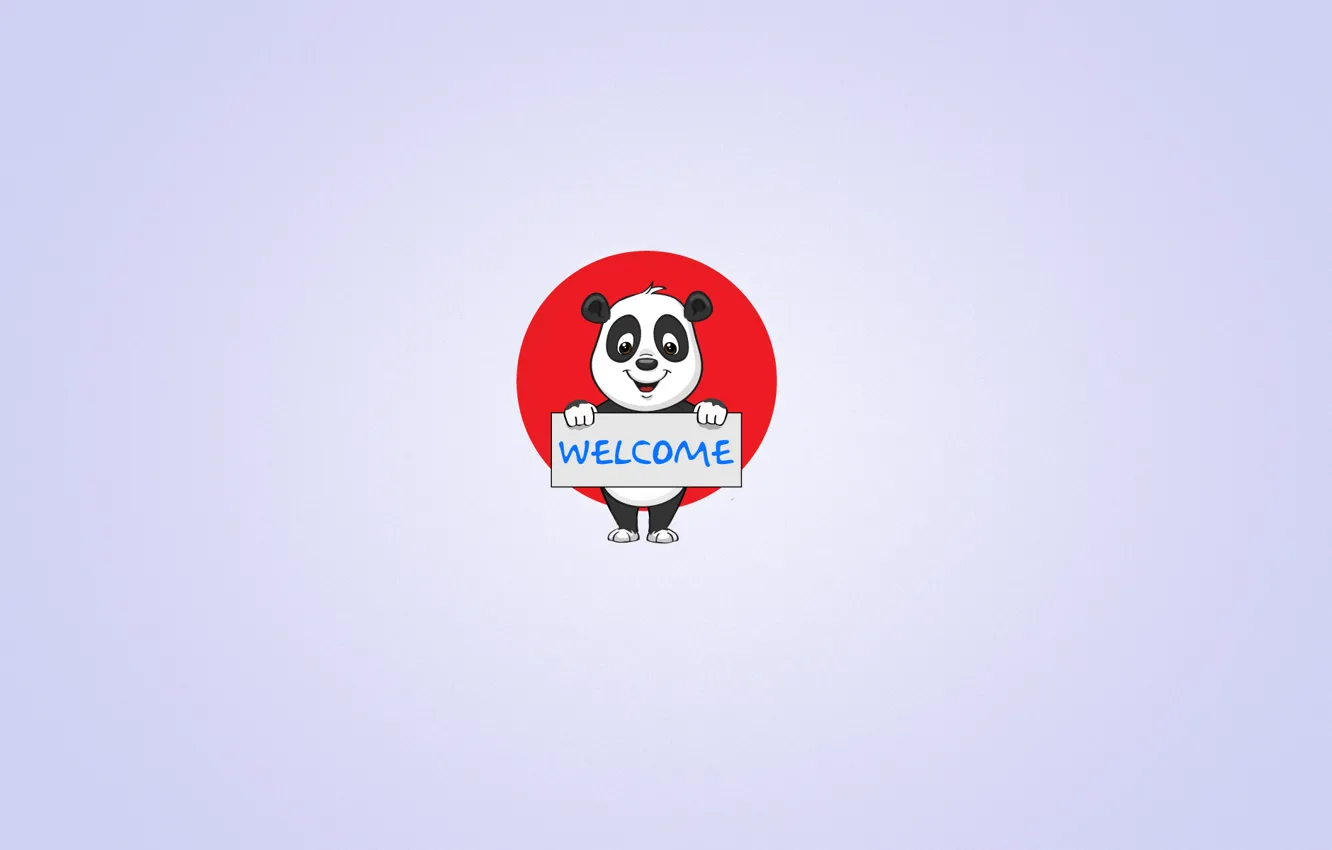 Фото обои улыбка, надпись, табличка, минимализм, панда, светлый фон, welcome, panda