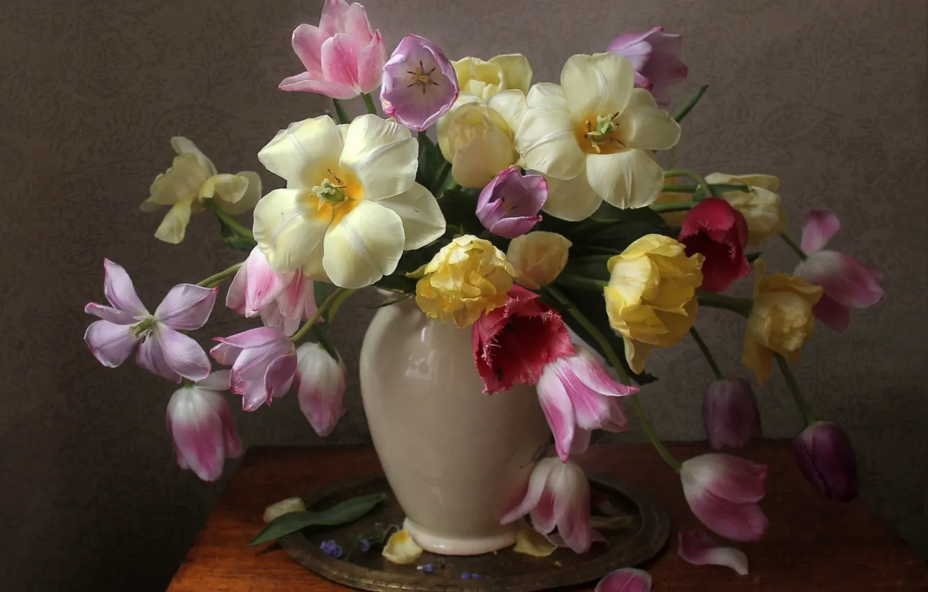 Фото обои букет, тюльпаны, ваза