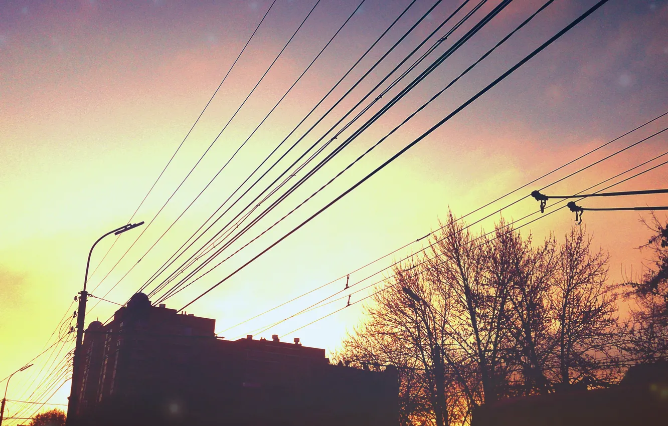 Фото обои дом, Небо, Провода, Утро, красиво, солнечно