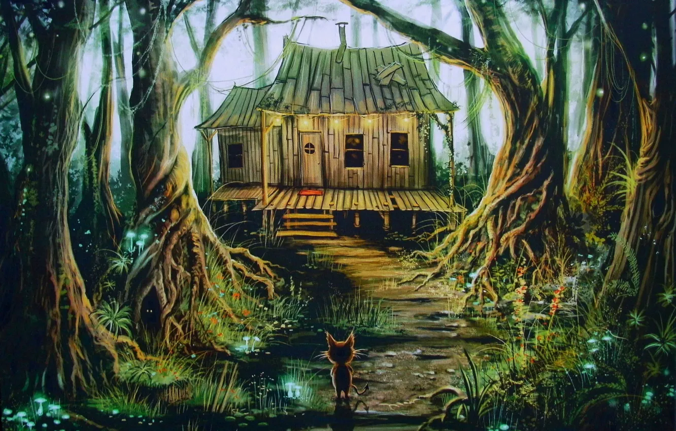 Фото обои лес, ночь, дом, фантастика, сказка, арт, house