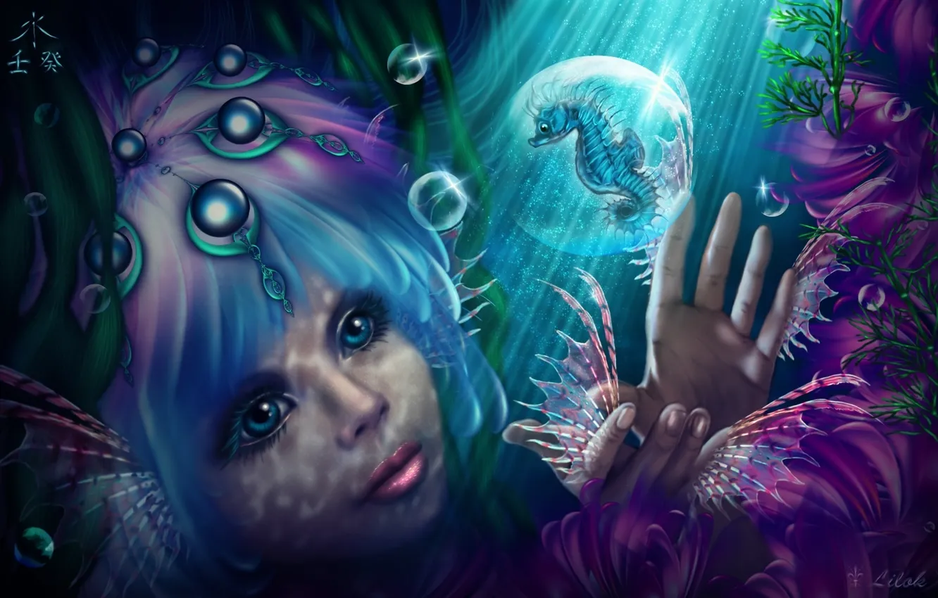 Фото обои глаза, взгляд, вода, девушка, лицо, пузыри, волосы, арт