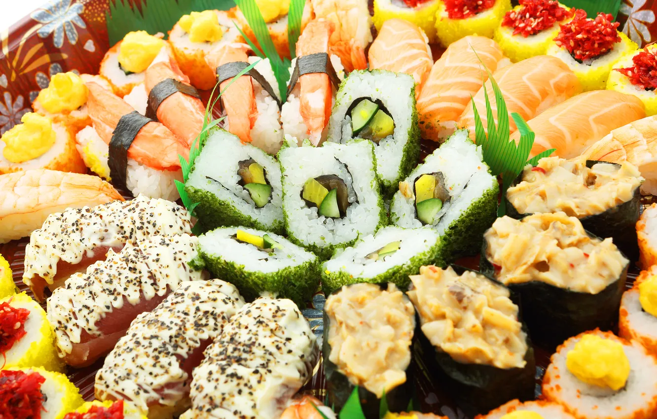 Фото обои рыба, sushi, суши, fish, роллы, морепродукты, японская кухня, seafood