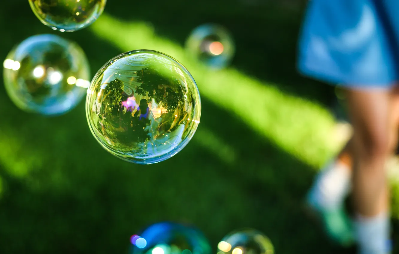 Фото обои пузыри, bubbles, grass, reflection, мыльные, outdoors
