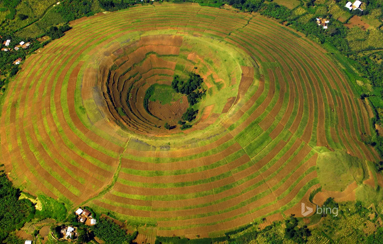 Фото обои поля, дома, вулкан, кратер, террасы, Уганда, Кисоро