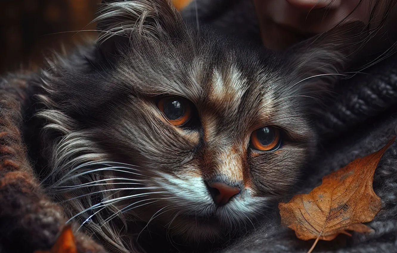 Фото обои грусть, осень, кошка, кот, взгляд, девушка, лицо, поза