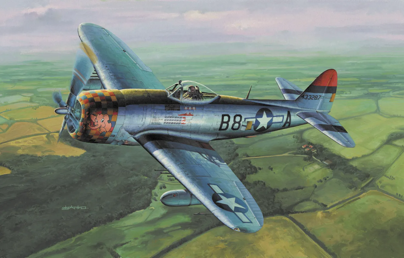Фото обои fighter, war, airplane, painting, aviation, ww2, dogfight, P 47 Thunderbolt