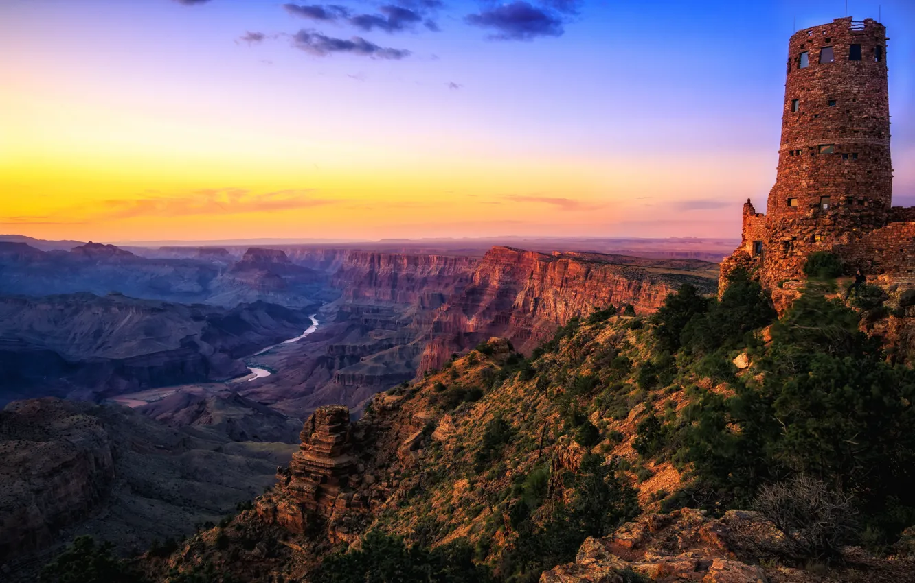 Фото обои пустыня, Аризона, США, сумерки, река Колорадо, Национальный парк Гранд-каньон, сторожевая башня