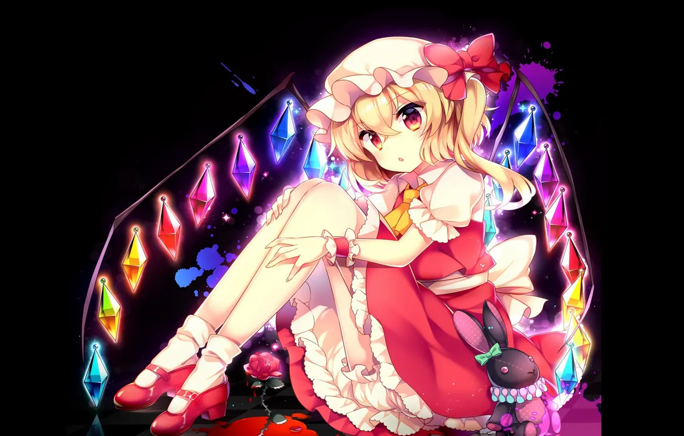 Фото обои тьма, art, вампирша, Touhou Project, лужа крови, Flandre Scarlet, проект Восток, черный кролик