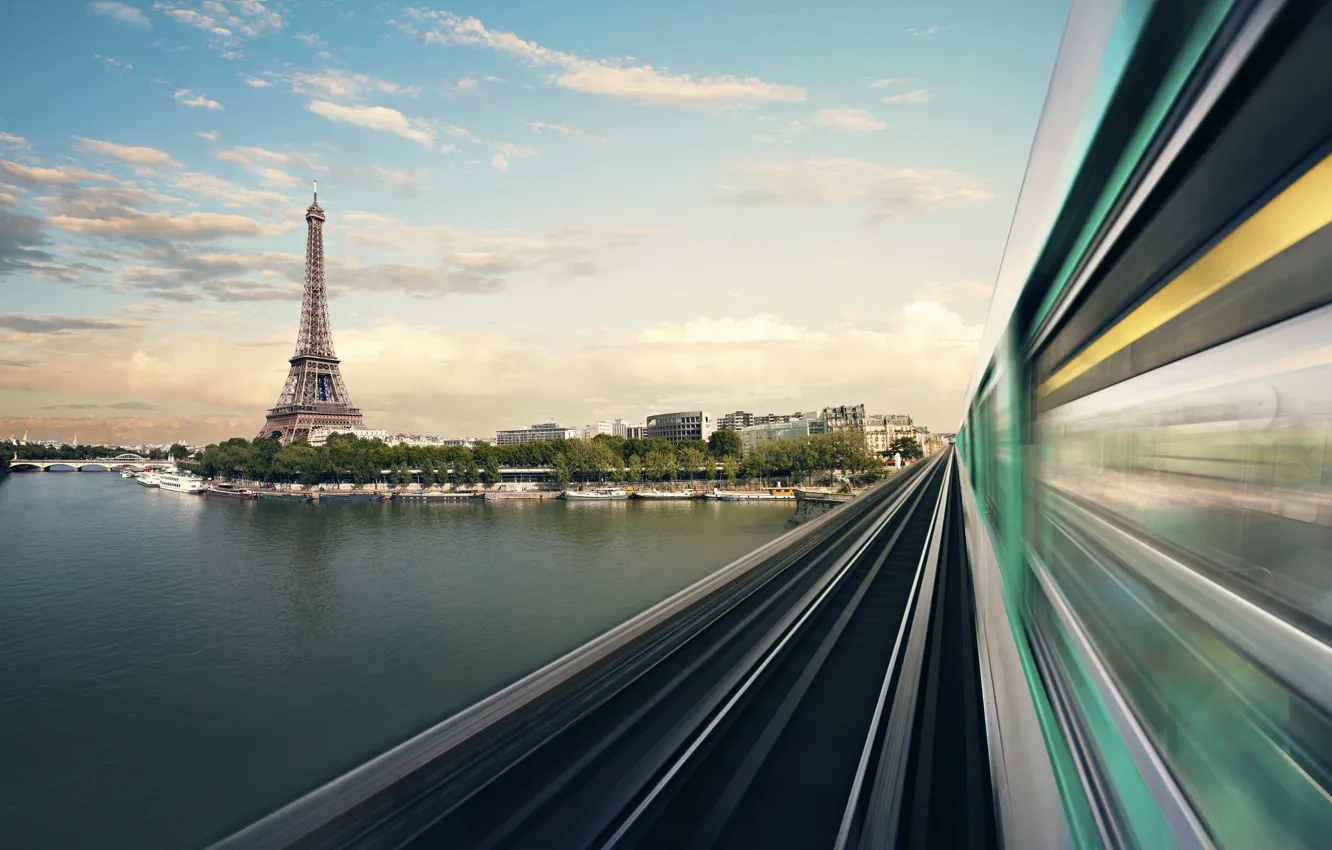 Фото обои движение, поезд, париж, Eiffel Tower