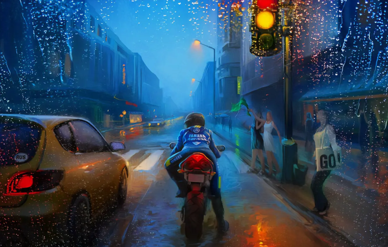 Фото обои Art, Street, Rain, Bike