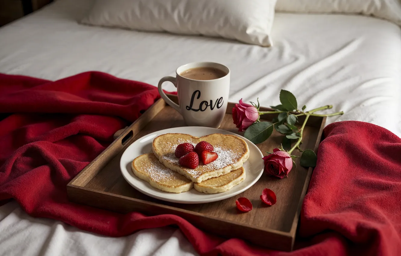 Фото обои любовь, цветы, романтика, сердце, розы, завтрак, love, happy