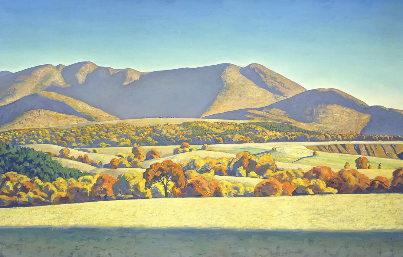 Фото обои осень, пейзаж, картина, Rockwell Kent, Рокуэлл Кент, Бухта Келли. Гора Джейн
