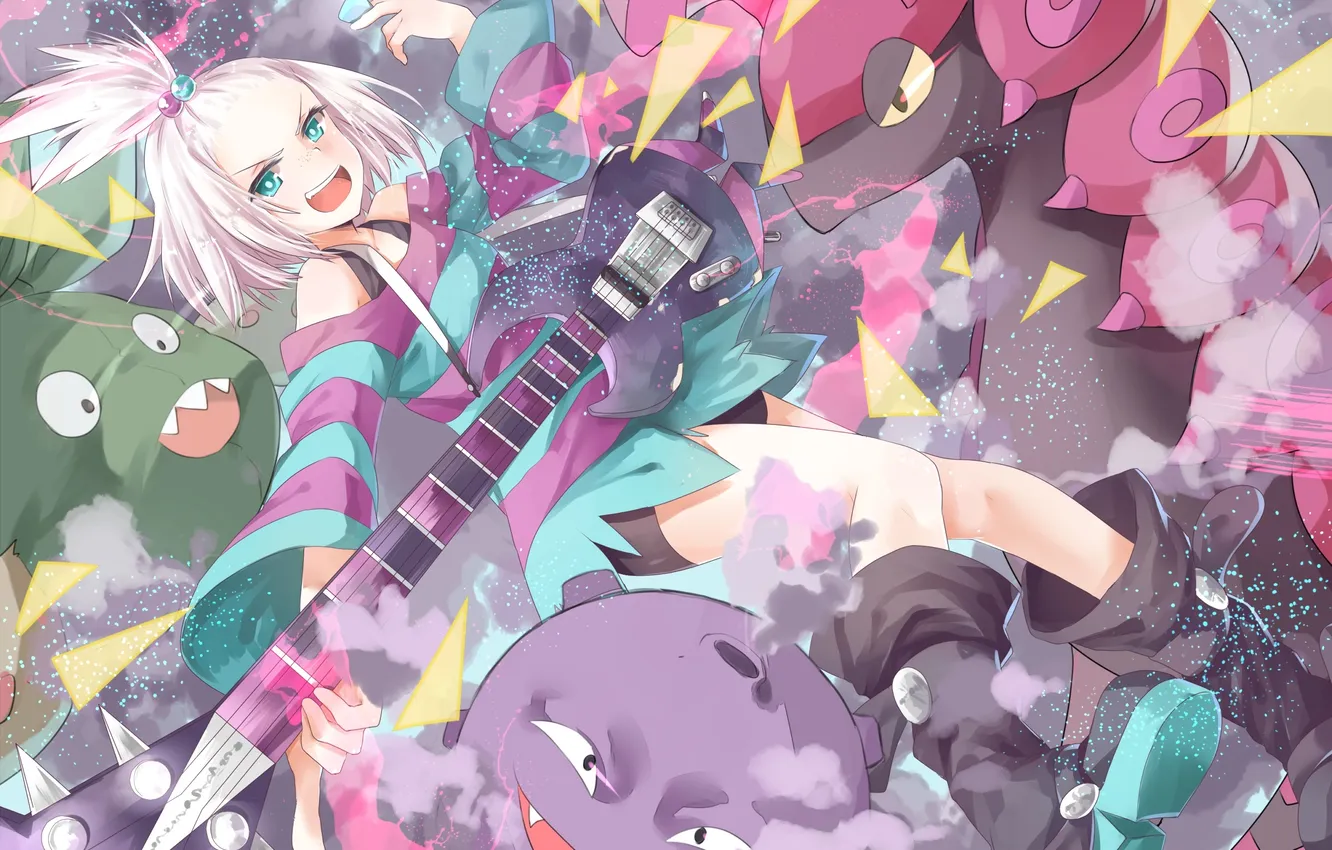 Фото обои животные, девушка, гитара, аниме, арт, pokemon, transistor, koffing