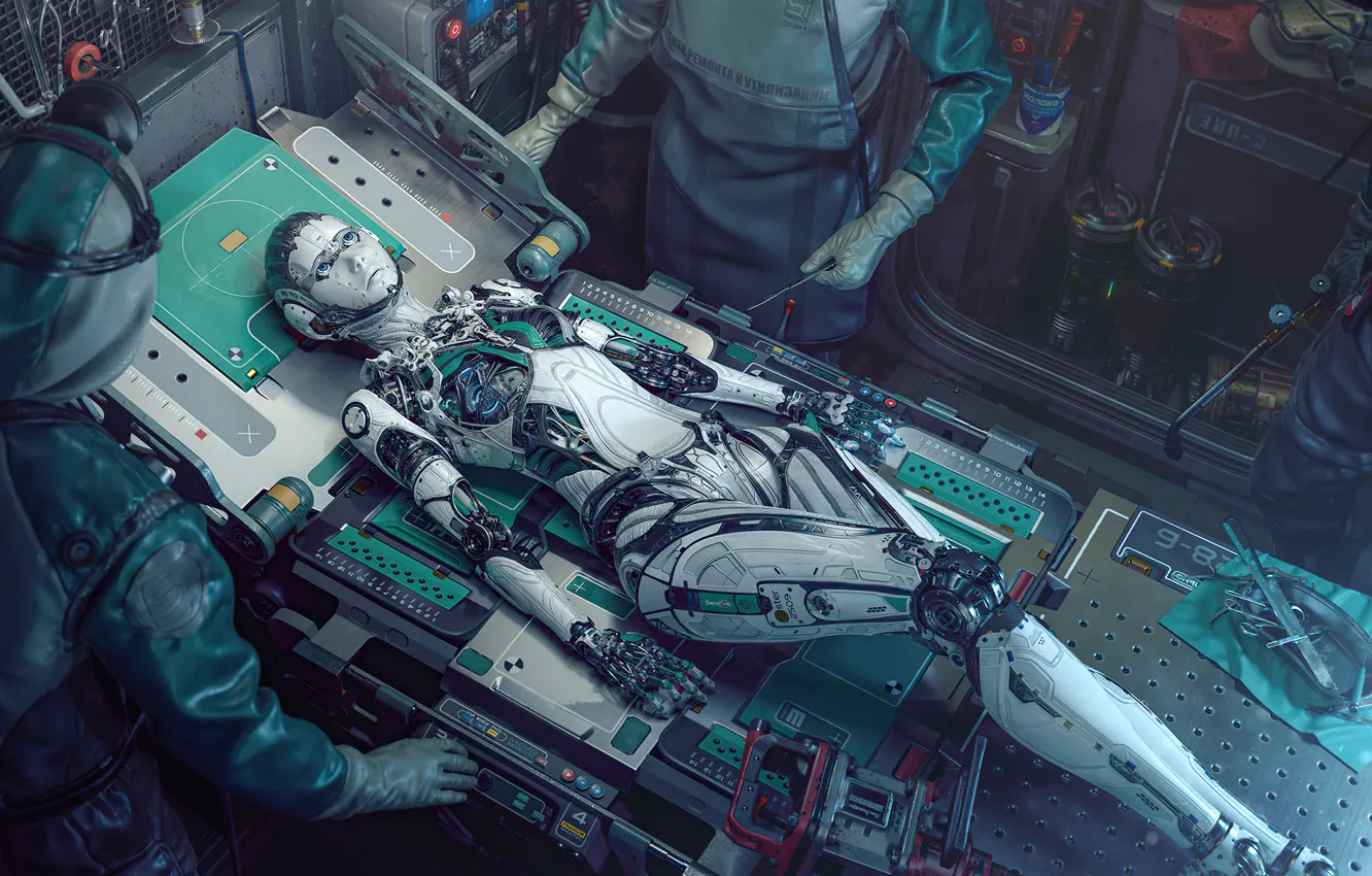Фото обои robot, woman, art, man, hi-tech, cyberpunk, doctor, tecnology