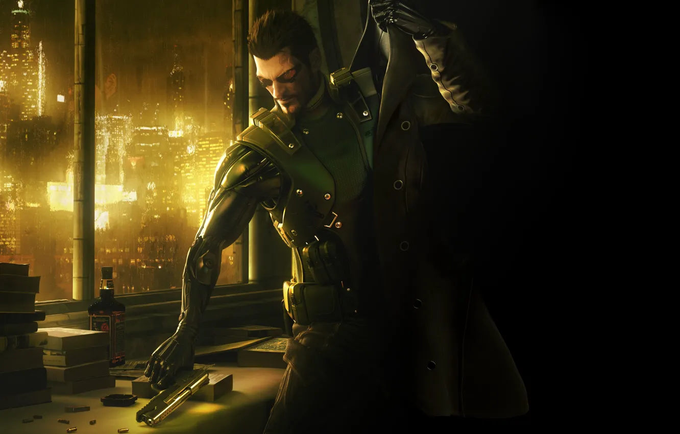 Фото обои пистолет, плащ, Адам Дженсен, Square enix, Деус Экс, Adam Jensen, Deus Ex Human revolution