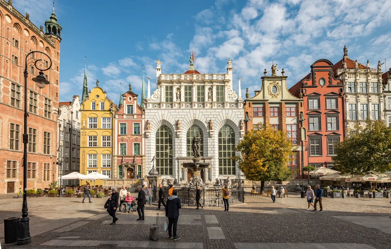 Фото обои здания, дома, площадь, Польша, фонтан, архитектура, Poland, Gdansk