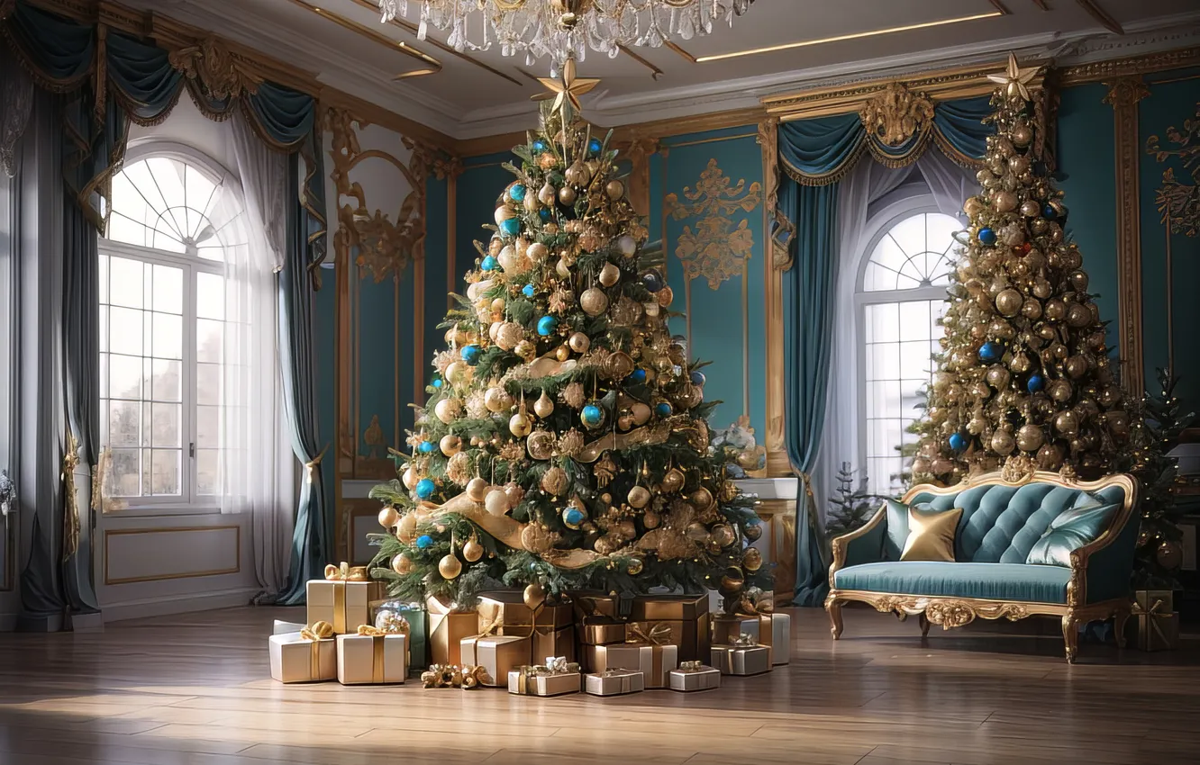 Фото обои комната, елка, интерьер, Рождество, Новый год, Christmas, view, tree