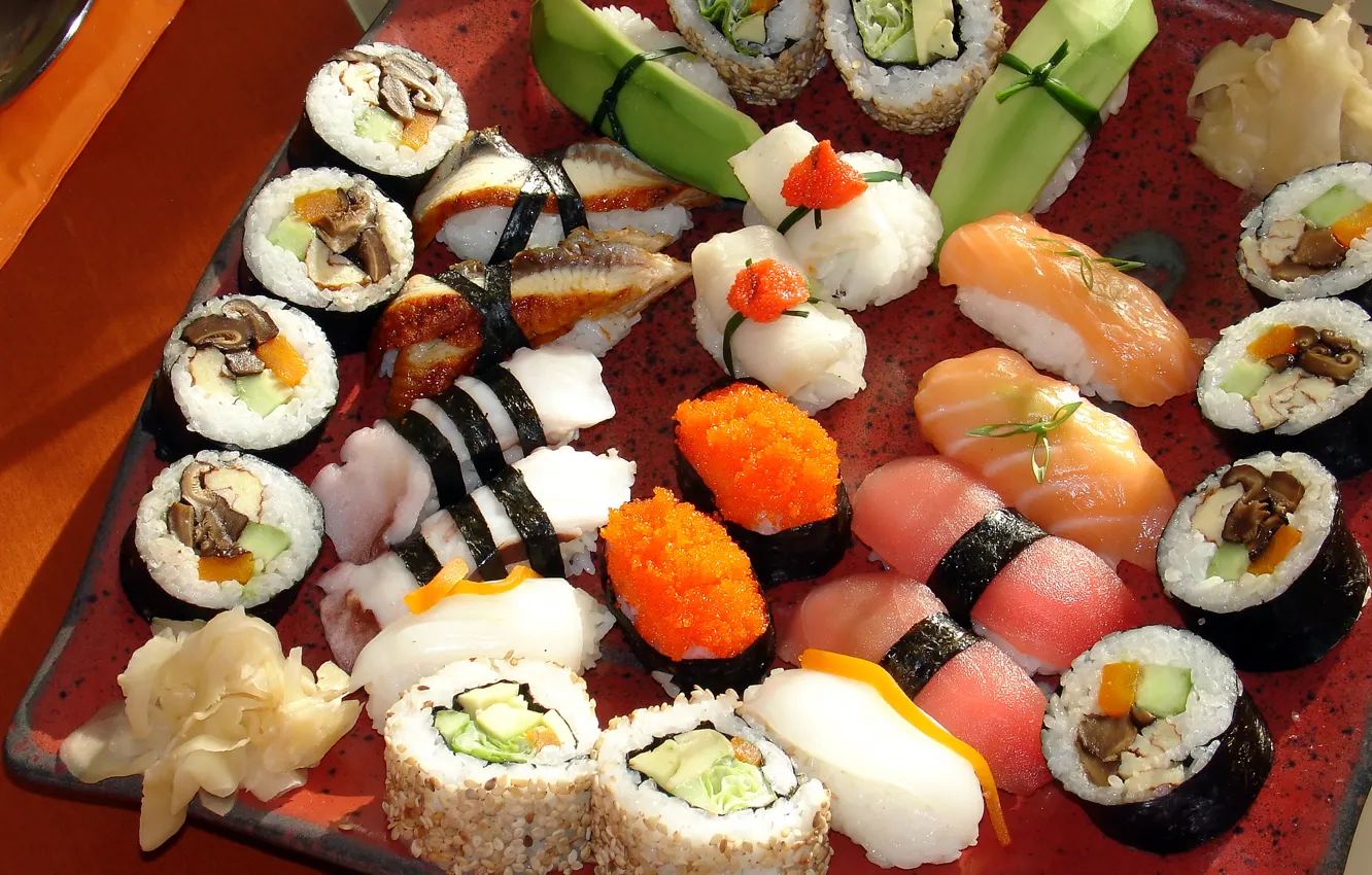 Фото обои зелень, грибы, Япония, Japan, перец, рис, россыпь, икра