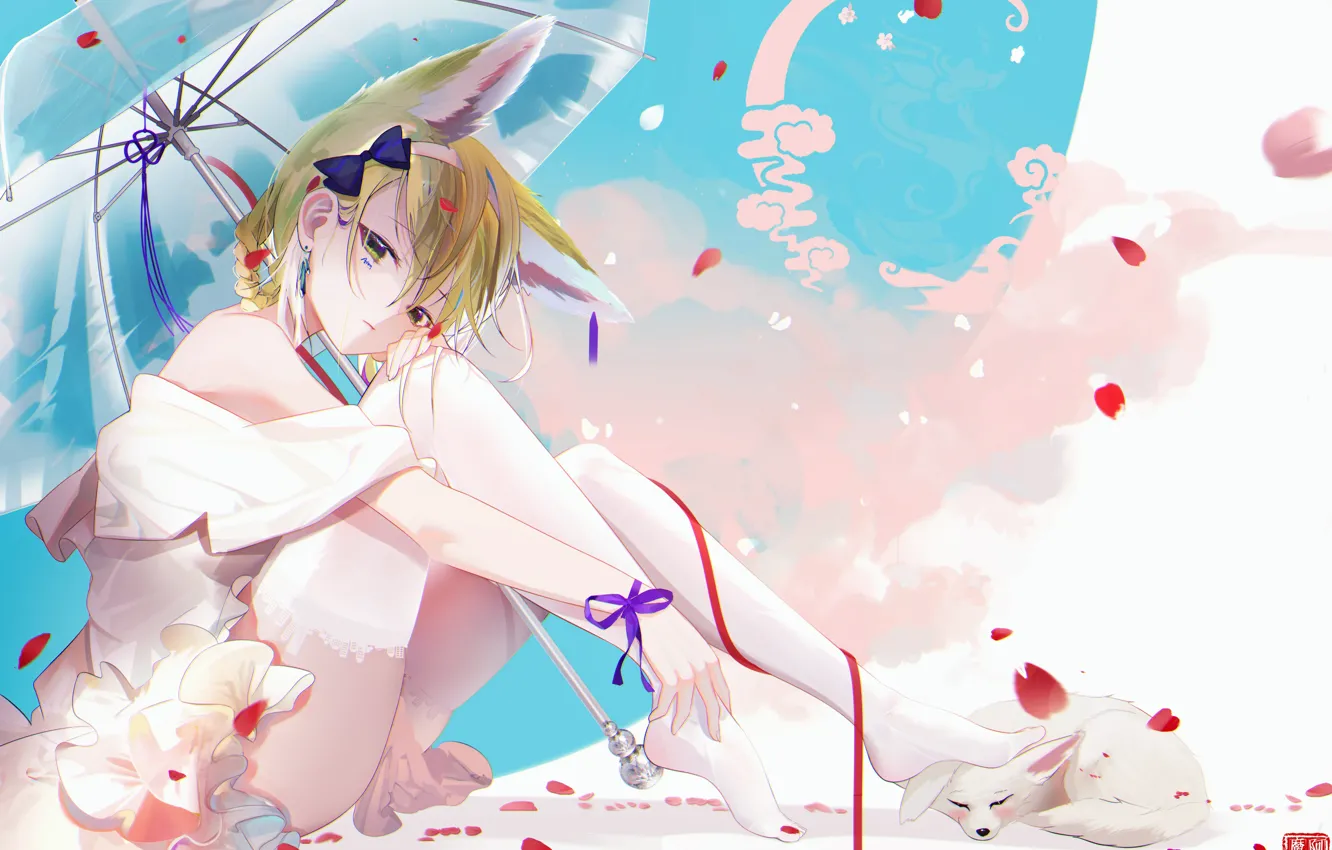 Фото обои девушка, зонт, лепестки, ушки, фенек, Arknights, Suzuran