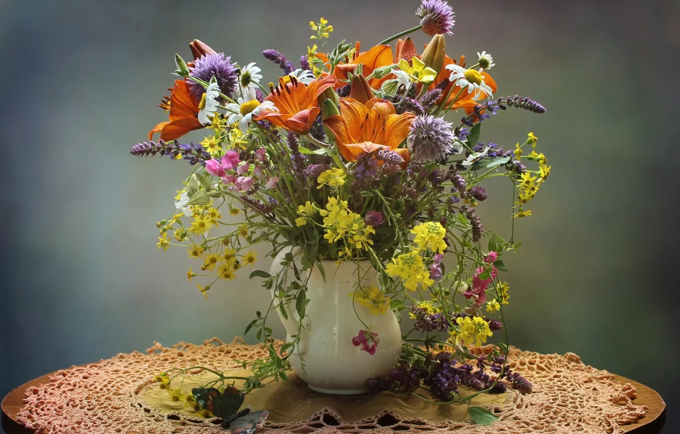 Фото обои лето, лилия, букет, полевые, душистый горошек
