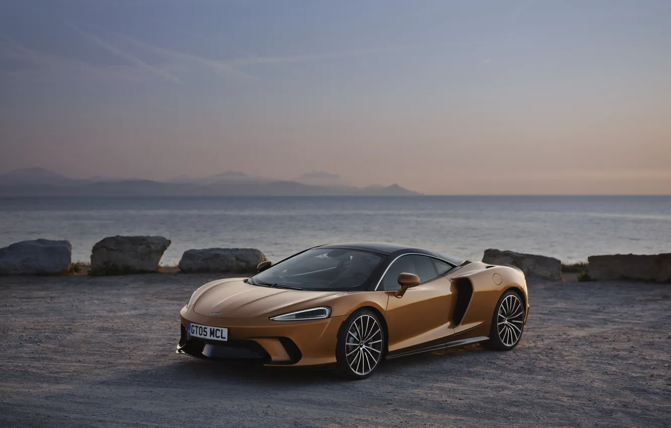 Фото обои закат, побережье, McLaren, вечер, суперкар, 2019, McLaren GT