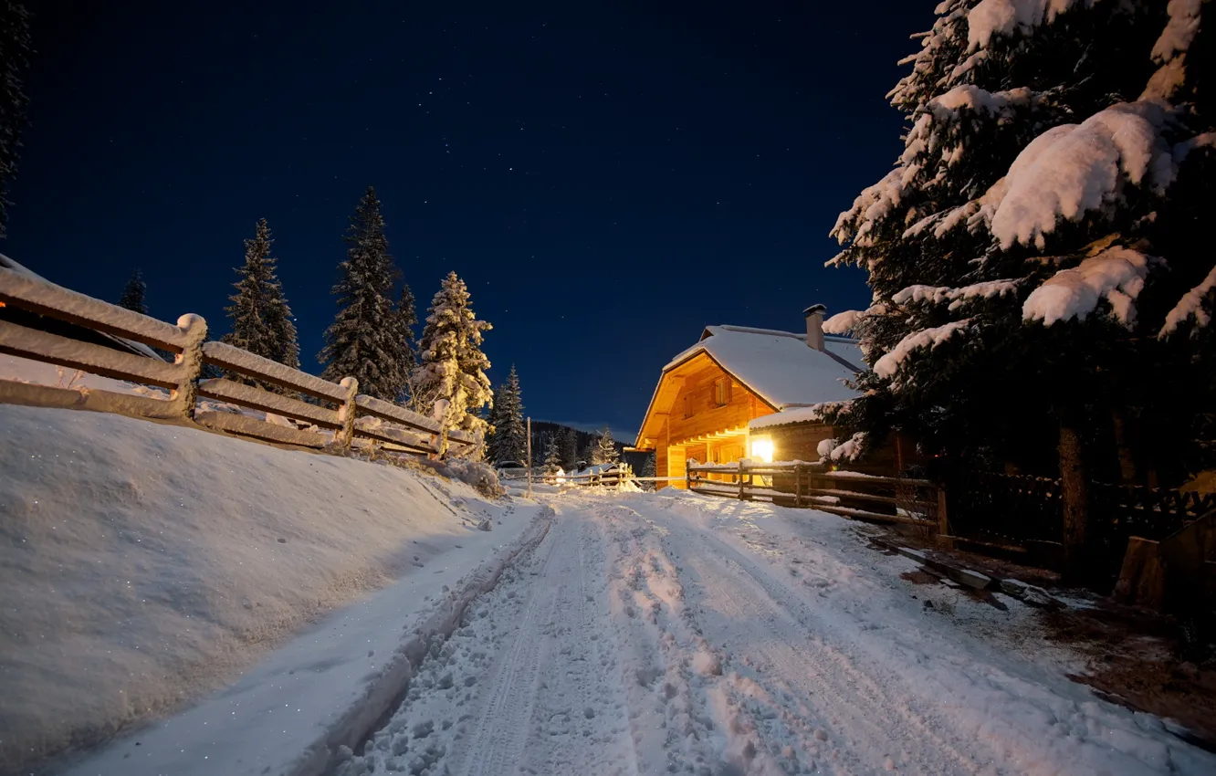 Фото обои зима, дорога, ночь, дом