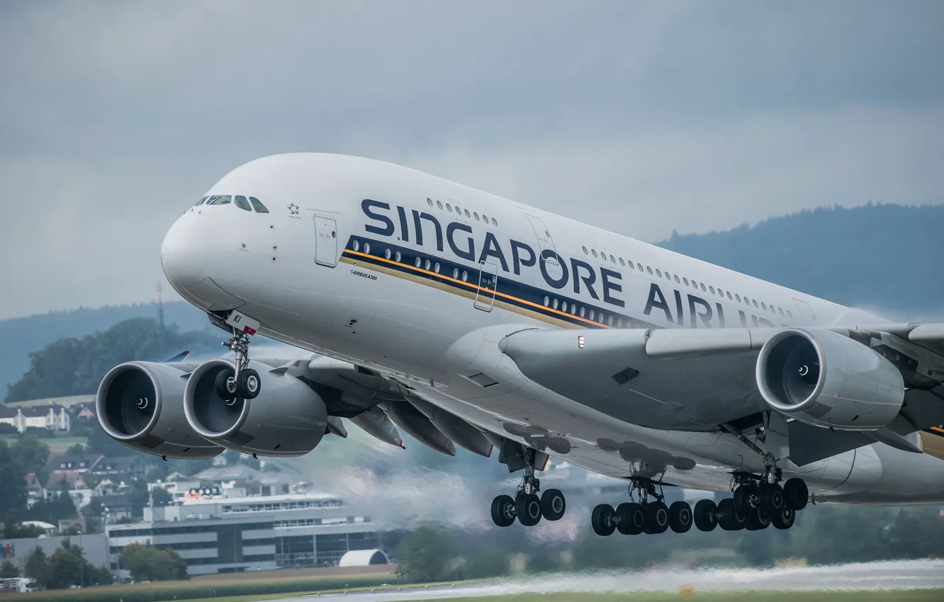 Фото обои самолёт, реактивный, A380, пассажирский, широкофюзеляжный, двухпалубный, четырехдвигательный, Singapore Airlines