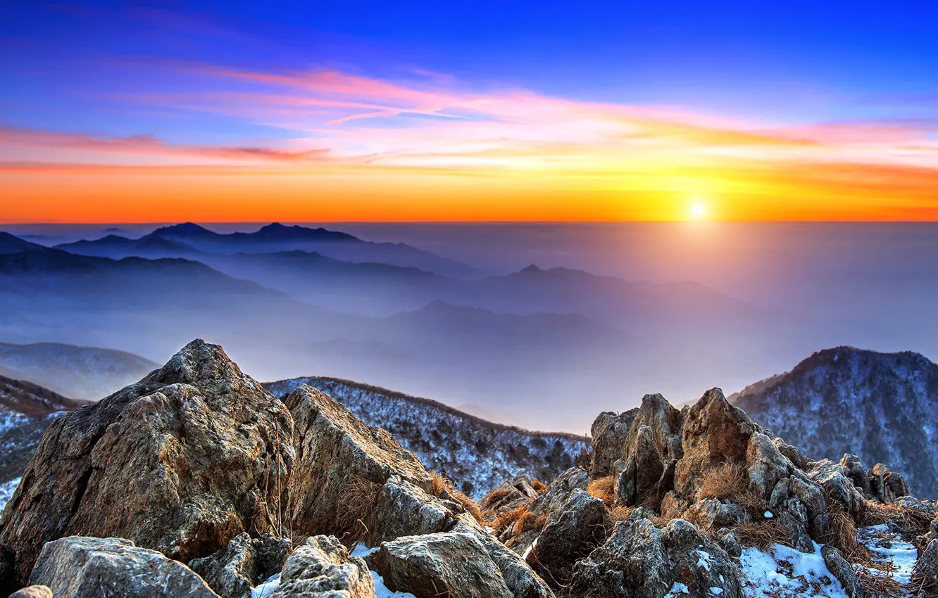 Фото обои sky, landscape, nature, sunset, South Korea, mountains, clouds, rocks