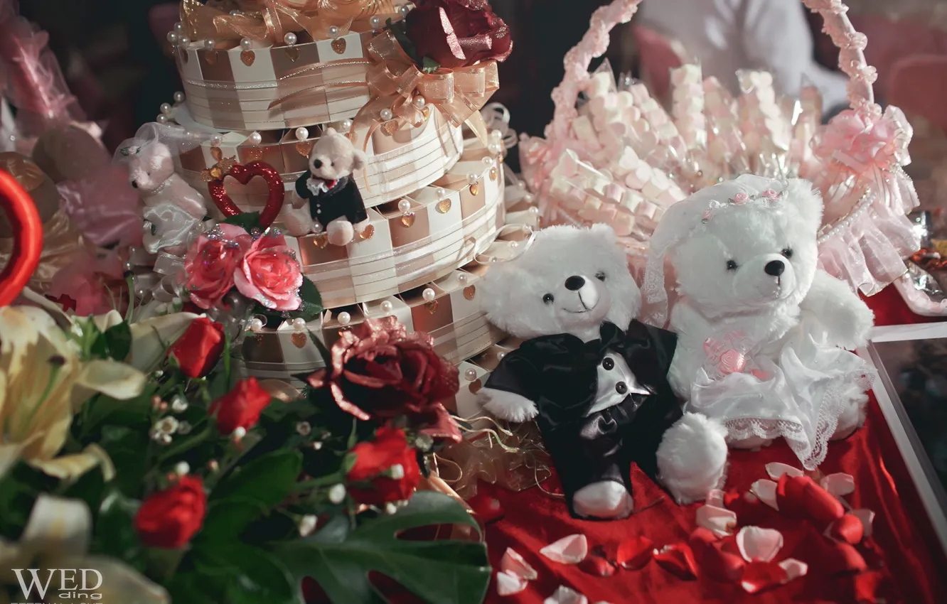 Фото обои дизайн, игрушки, розы, медведь, мишка, невеста, свадьба, жених
