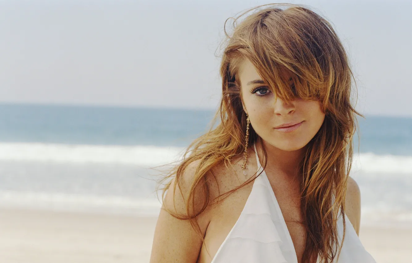 Фото обои beach, Lindsay Lohan, women, actress, white dress