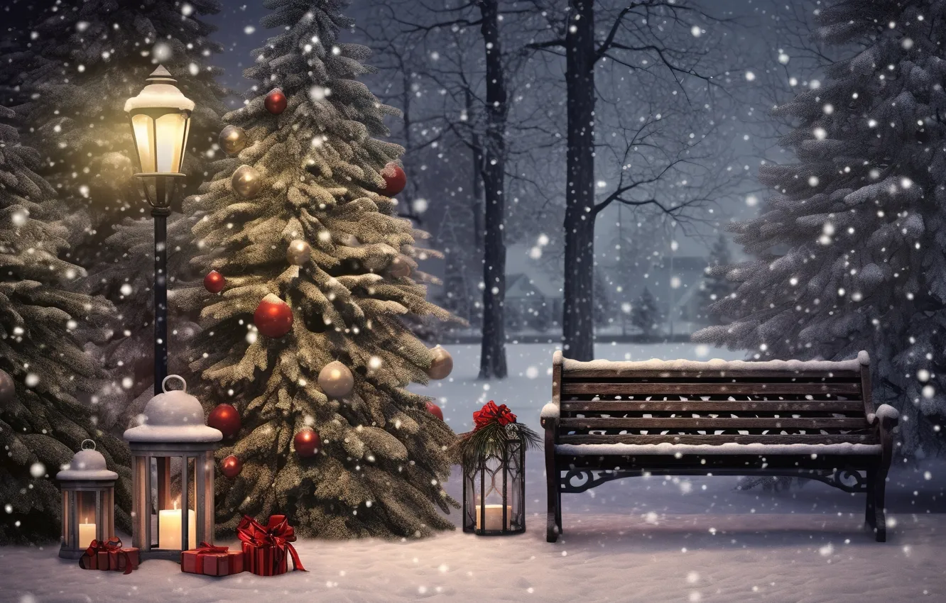 Фото обои зима, снег, украшения, скамейка, ночь, парк, елки, Новый Год