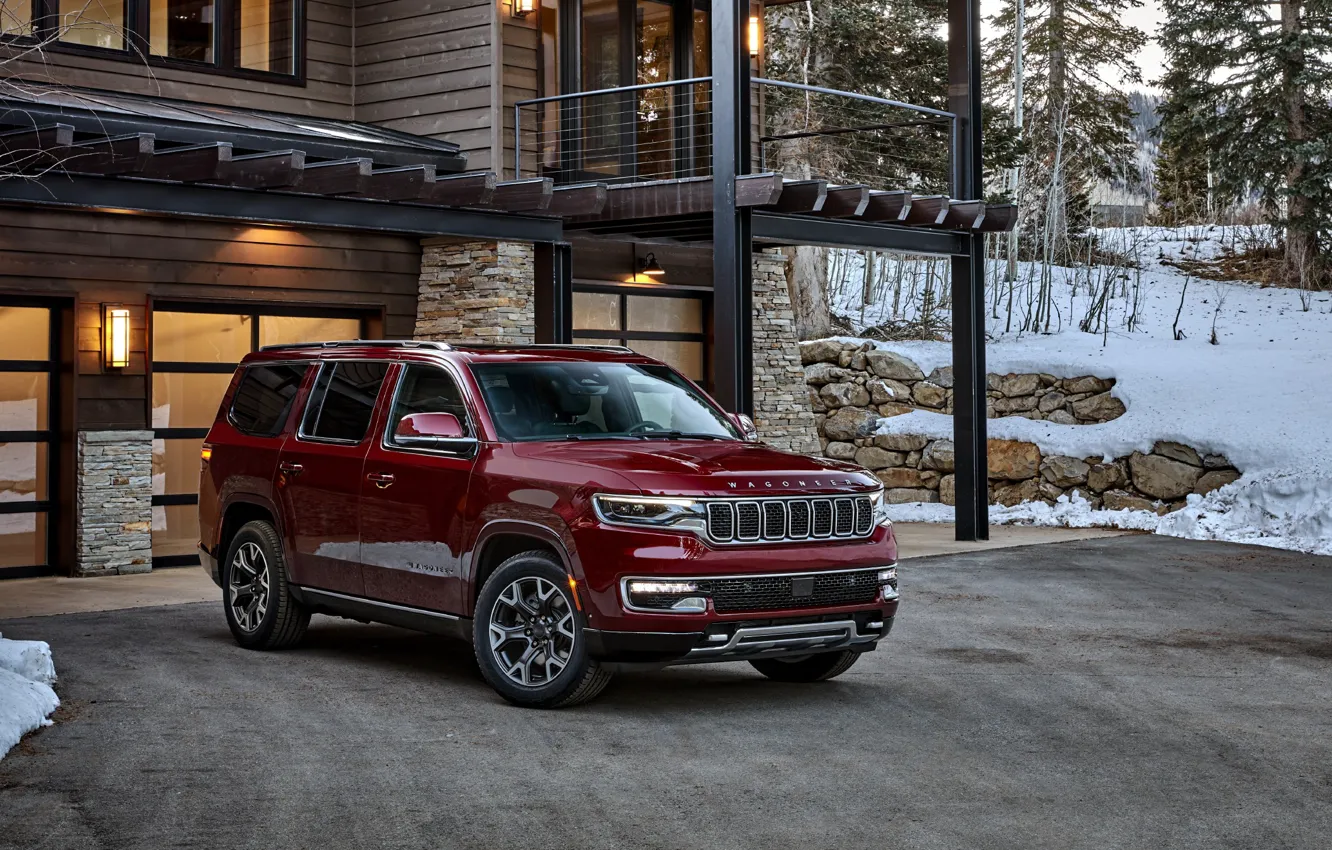 Фото обои red, house, wood, snow, jeep, crossover, кроссовер, premium