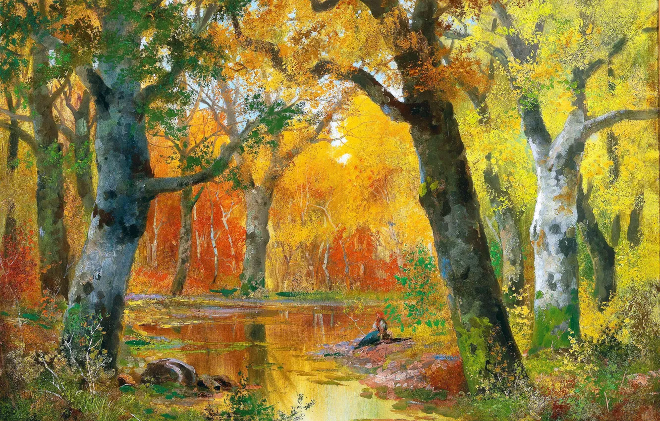 Фото обои Осень, Деревья, Картина, Речка, Женщина, Alois Arnegger, Осенний лес, Алоис Арнеггер